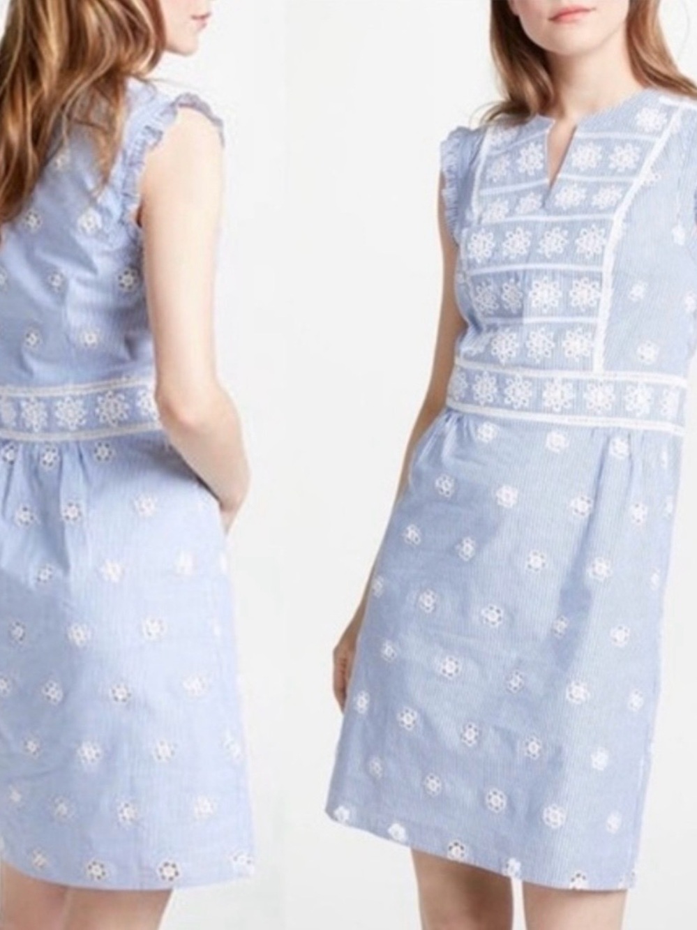 BODEN Dirndl Dress, Blue Pinstripe, Broderie Peasant Style UK 10L / US 6L